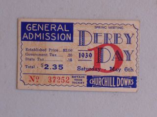 1939 Kentucky Derby Horse Racing Sports Ticket Antique Vintage
