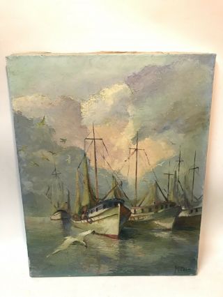 Antique American Impressionist Harbor View Signed Oil Painting By Mitzi Goward