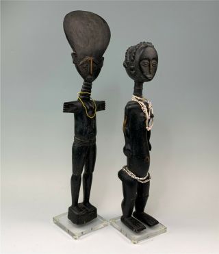 Pair Antique Hand Carved Wood Aboriginal Figures,  Man & Woman 7
