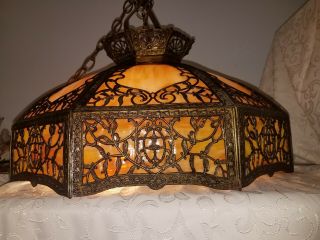 Stunning 24 " Antique Vtg Art Nouveau Hanging Lamp Caramel Slag Shade Glass Table