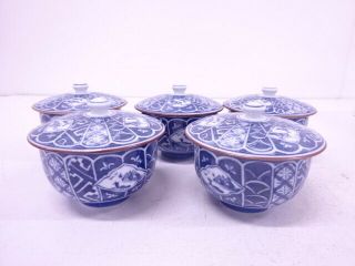89698 Japanese Porcelain Arita Ware Lidded Tea Cup Set Of 5 Xiang - Rui