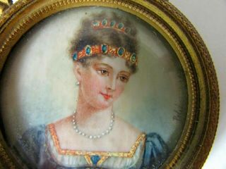 Antique Signed French Miniature Painted Lady Portrait Gilt Bronze Frame