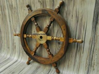 18 " Nautical Wooden Ship Steering Wheel Pirate Decor Wood Brass Fishing Wall Boat