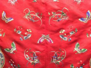 Antique Chinese embroidered red silk robe - Manchu robe - Flowers 满族红缎绣花蝶纹衬衣 11