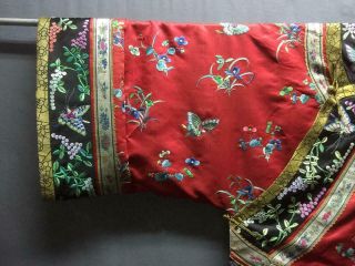 Antique Chinese embroidered red silk robe - Manchu robe - Flowers 满族红缎绣花蝶纹衬衣 7