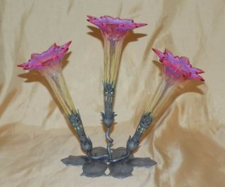 Antique Art Nouveau Jugendstil Pewter Cranberry Vaseline Glass X3 Epergne Vase
