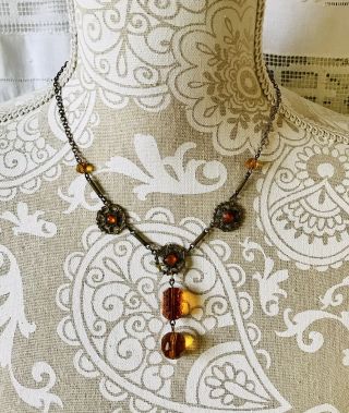 ⭐️antique Vintage Art Deco Etched Design Amber Glass Brass Czech Drop Necklace