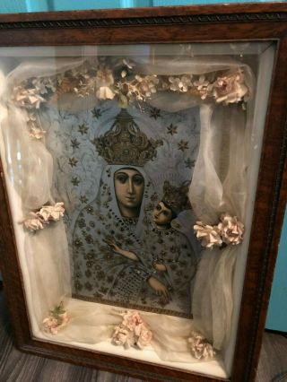 Glorious Rare Large Antique Polish Madonna Shadow Box From Nuns Convent