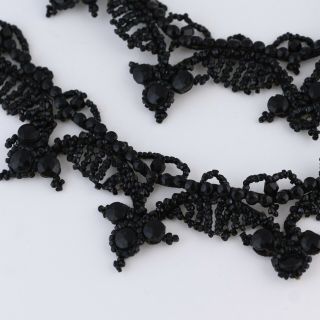 Antique Victorian Mourning French Jet Glass Seed Bead Lace Like Necklace