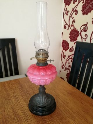 Antique Oil Lamp Victorian Eltex Pink Glass Tank Stoneware Base