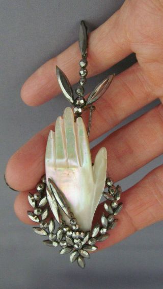 Antique Victorian Navette Marquise Steel Bead Carved Mother Of Pearl Brooch Pin