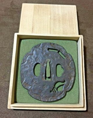 Japanese Sword Tsuba,  Mokko Shape Iron Yamashiro Tenpo,  9.  20 Cm Stamps/sukashi