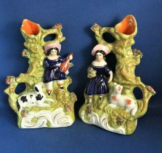 Antique 19thc Staffordshire Pottery Figures - Girls & Dogs C1850 - Music