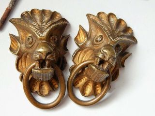 2 Antique French Mantle Clock Bronze Lion Head Ornaments Trim Parts 19th Century