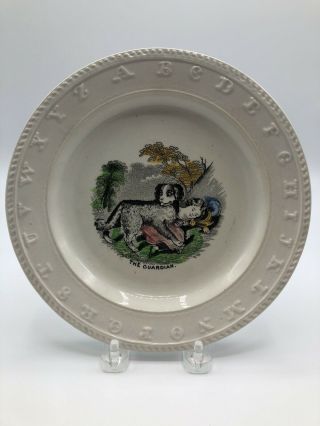 Antique Staffordshire Transferware Large Abc Plate The Guardian Girl And Dog