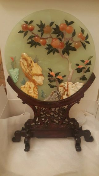 Vintage Chinese Circular Jadeite Table Screen With Inlays