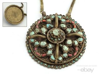 Old Antique Tibetan Buddhist Vajra Coral Turquoise Brass Pendant Necklace Amulet