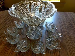 Antique 12 " Punch Bowl Set With 10 Cups 1910