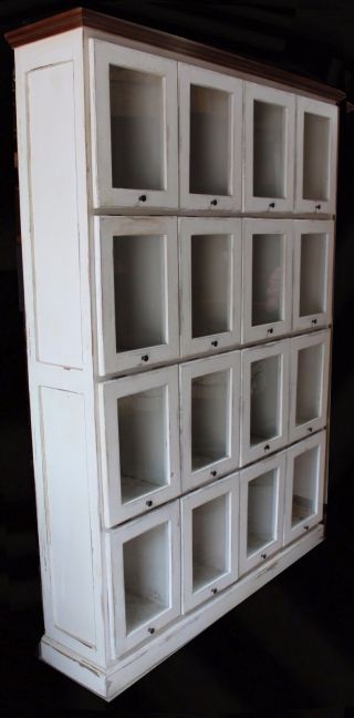 Antique 16 Drawer Pattern Cabinet - Apothecary Glass Front Doors,  Painted White
