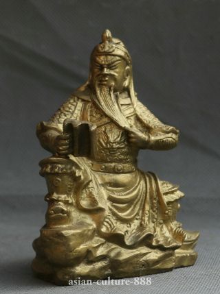 4.  4 " Old Chinese Ancient Bronze Guan Gong Yu Warrior God Read Book Dragon Statue