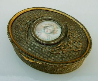 French Gilt Metal Oval Box With Inset Portrait Miniature