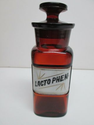 Lacto Phen.  Amber Reverse Glass Label Apothecary Pharmacy Drug Store Bottle