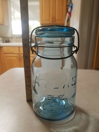 Atlas E - Z Seal Quart Cornflower Blue Fruit Jar Vintage Antique