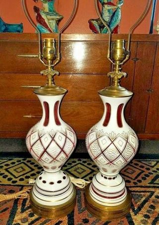 Vintage Bohemian Czech Art Glass White cut to Ruby Cranberry Red Lamp Pair 11