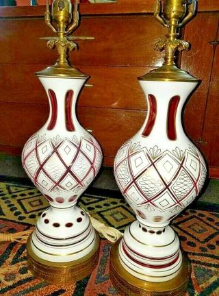 Vintage Bohemian Czech Art Glass White Cut To Ruby Cranberry Red Lamp Pair
