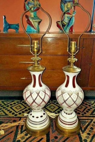 Vintage Bohemian Czech Art Glass White cut to Ruby Cranberry Red Lamp Pair 4