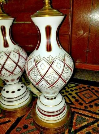 Vintage Bohemian Czech Art Glass White cut to Ruby Cranberry Red Lamp Pair 5
