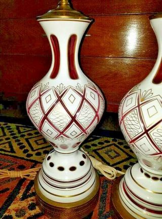 Vintage Bohemian Czech Art Glass White cut to Ruby Cranberry Red Lamp Pair 6