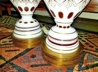 Vintage Bohemian Czech Art Glass White cut to Ruby Cranberry Red Lamp Pair 8