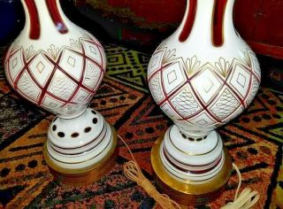 Vintage Bohemian Czech Art Glass White cut to Ruby Cranberry Red Lamp Pair 9