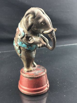 Antique Cast Iron Penny Bank Standing Circus Elephant On Tub