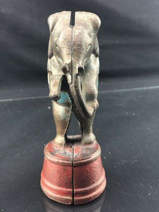 Antique cast iron penny bank standing circus elephant on tub 6