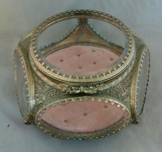 Antique Ornate French Ormolu Jewelry Casket Box Beveled Glass All