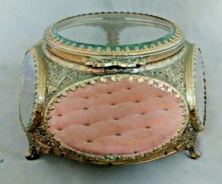 Antique Ornate French Ormolu Jewelry Casket Box Beveled Glass All 3