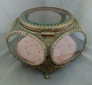 Antique Ornate French Ormolu Jewelry Casket Box Beveled Glass All 8