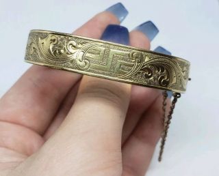 Antique Victorian Yellow Gold Filled Greek Key Scrollwork Design Bangle Bracelet