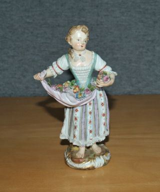 Delightul Antique Meissen Porcelain Girl Figure With Flowers In Her Apron,  No.  9