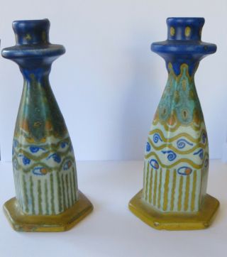 Antique 1921 Semona Gouda Pzh Plateelbakkerij Zuid - Holland Pottery Candlesticks