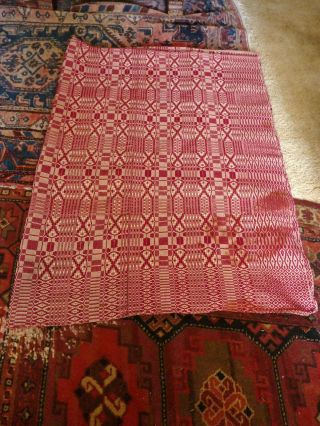 Vintage Jacquard coverlet hand woven red and white geometric design 2