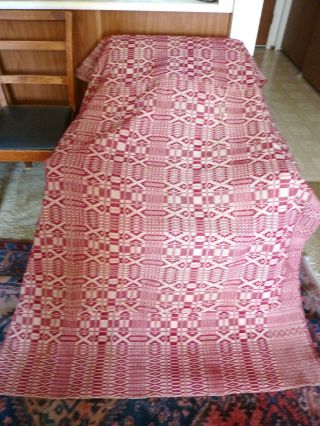 Vintage Jacquard coverlet hand woven red and white geometric design 3