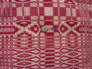 Vintage Jacquard coverlet hand woven red and white geometric design 4
