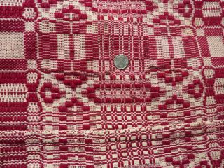 Vintage Jacquard coverlet hand woven red and white geometric design 5