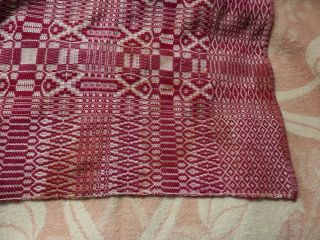 Vintage Jacquard coverlet hand woven red and white geometric design 6