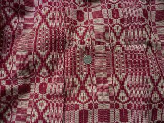 Vintage Jacquard coverlet hand woven red and white geometric design 7