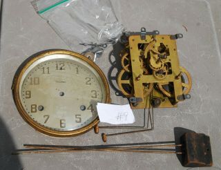 Antique Waterbury Brass Clock Movement & Dial Glass Door,  Hands,  Chime Rods (9)