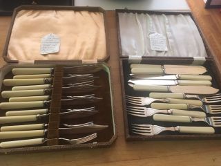 1 Set Of 12 Antique Sheffield Engraved Fish Knives & Forks - Box